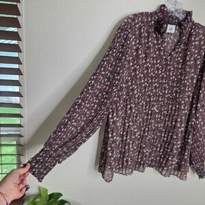 3 / $30 Cabi # 3942Floral Print Blouse Smocked Mock Neck Long Sleeve Top M Sheer